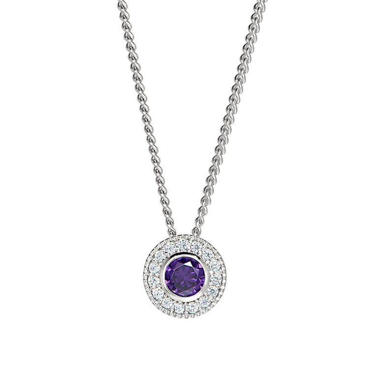 Platinum Finish Sterling Silver Round Simulated Amethyst Birth Gem Pendant  on 18" Curb Chain