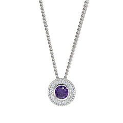 Platinum Finish Sterling Silver Round Simulated Amethyst Birth Gem Pendant  on 18" Curb Chain