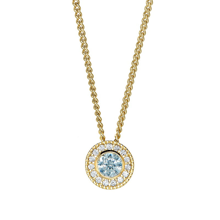 Gold micropave round simulated aquamarine birth gem pendant with simulated diamonds on 18 curb chain
