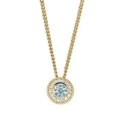 Gold micropave round simulated aquamarine birth gem pendant with simulated diamonds on 18 curb chain