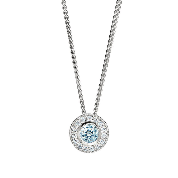 Platinum Finish Sterling Silver Round Simulated Aquamarine Birth Gem Pendant  on 18" Curb Chain