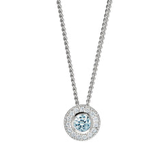 Platinum Finish Sterling Silver Round Simulated Aquamarine Birth Gem Pendant  on 18" Curb Chain