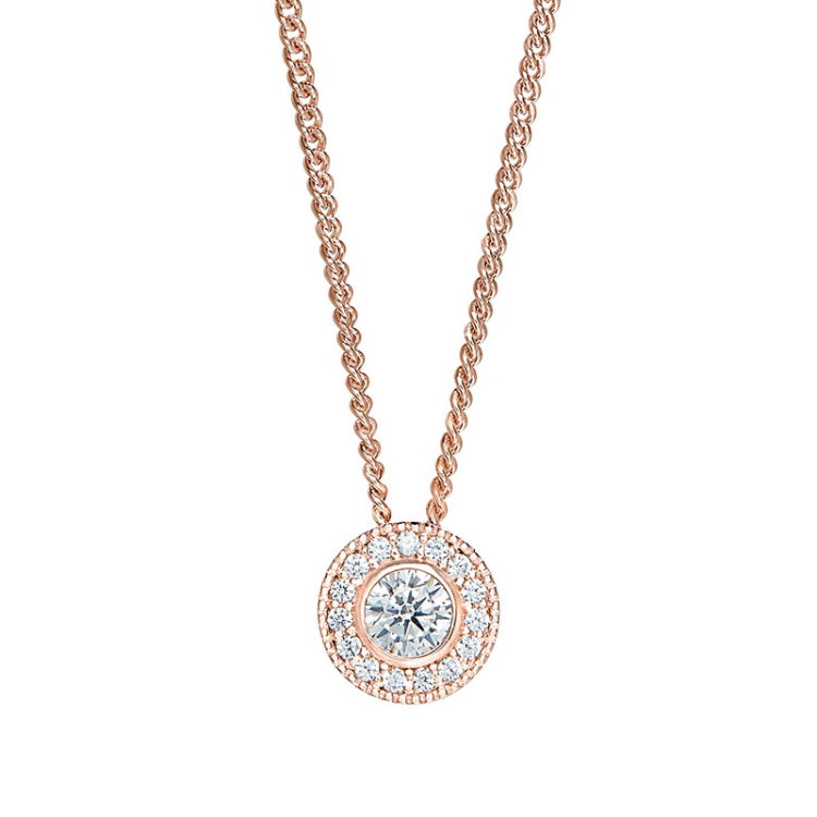 Rose gold micropave round simulated diamond birth gem pendant with simulated diamonds on 18 curb chain
