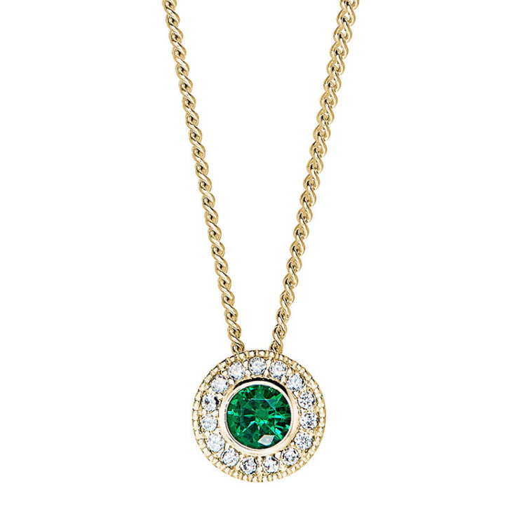 Gold micropave round simulated emerald birth gem pendant with simulated diamonds on 18 curb chain