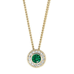 Gold micropave round simulated emerald birth gem pendant with simulated diamonds on 18 curb chain