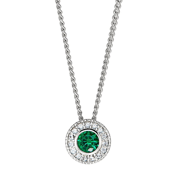 Platinum Finish Sterling Silver Round Simulated Emerald Birth Gem Pendant  on 18" Curb Chain