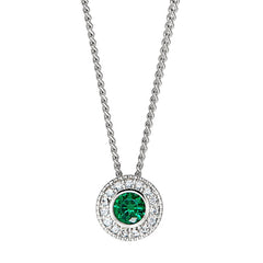 Platinum Finish Sterling Silver Round Simulated Emerald Birth Gem Pendant  on 18" Curb Chain