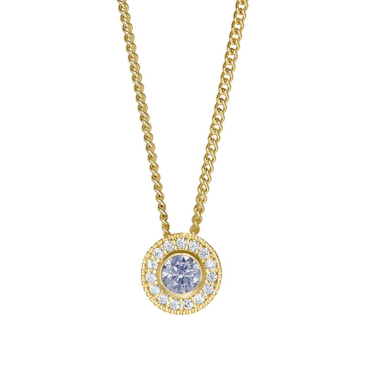 Gold micropave round simulated light amethyst birth gem pendant with simulated diamonds on 18 curb chain