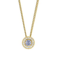 Gold micropave round simulated light amethyst birth gem pendant with simulated diamonds on 18 curb chain