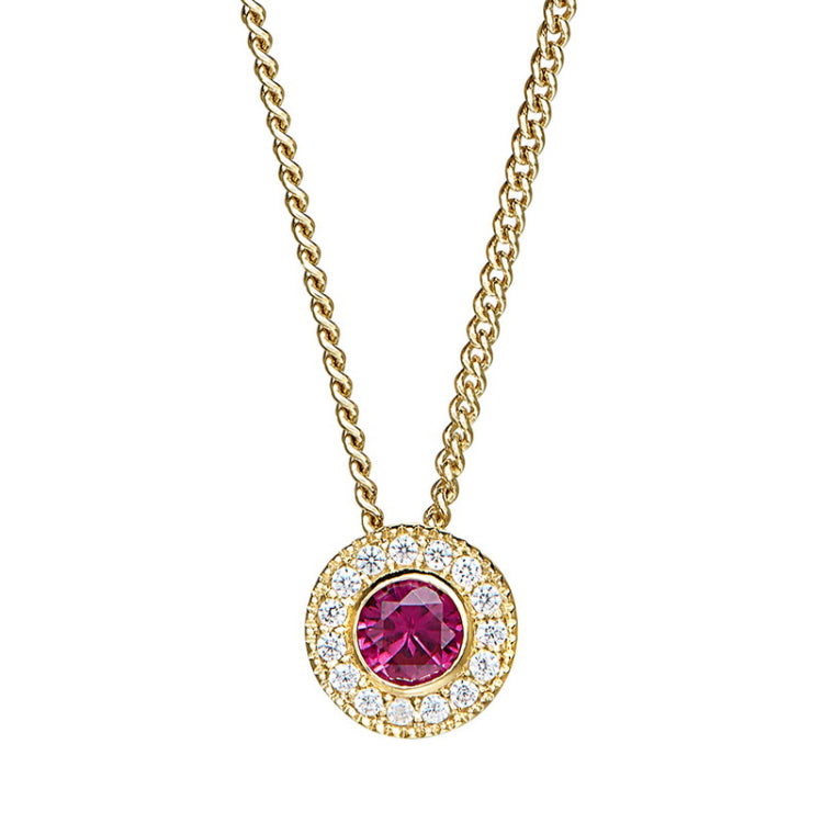 Gold micropave round simulated ruby birth gem pendant with simulated diamonds on 18 curb chain