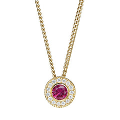 Gold micropave round simulated ruby birth gem pendant with simulated diamonds on 18 curb chain