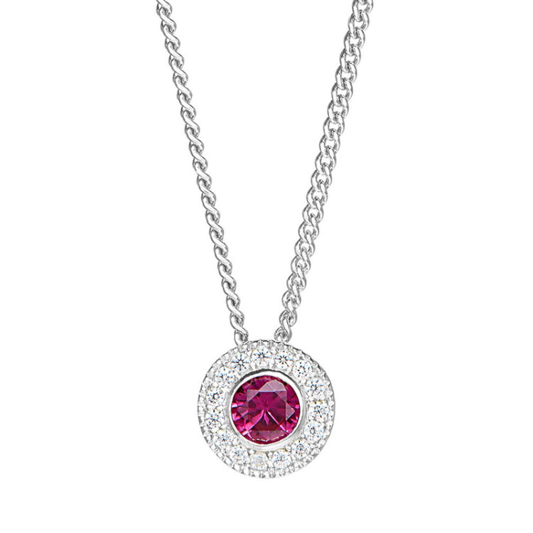 Platinum Finish Sterling Silver Round Simulated Ruby Birth Gem Pendant  on 18" Curb Chain