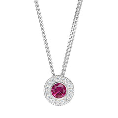 Platinum Finish Sterling Silver Round Simulated Ruby Birth Gem Pendant  on 18" Curb Chain