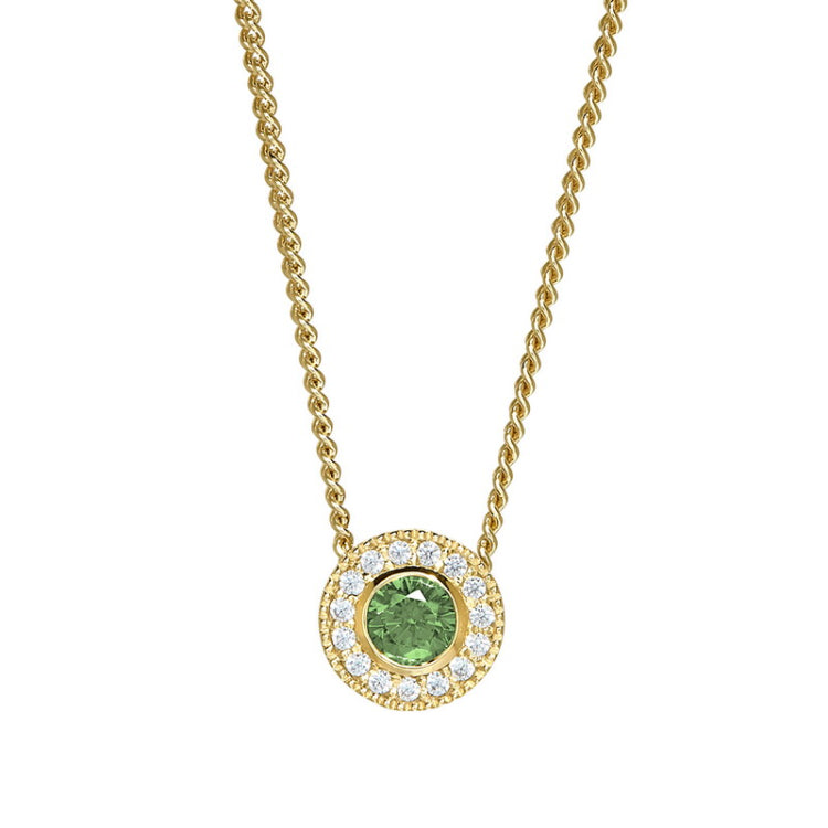 Gold micropave round simulated peridot birth gem pendant with simulated diamonds on 18 curb chain
