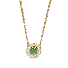 Gold micropave round simulated peridot birth gem pendant with simulated diamonds on 18 curb chain