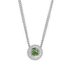Platinum Finish Sterling Silver Round Simulated Peridot Birth Gem Pendant  on 18" Curb Chain