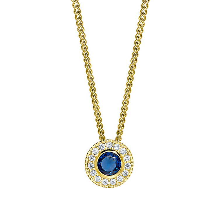 Gold micropave round simulated sapphire birth gem pendant with simulated diamonds on 18 curb chain