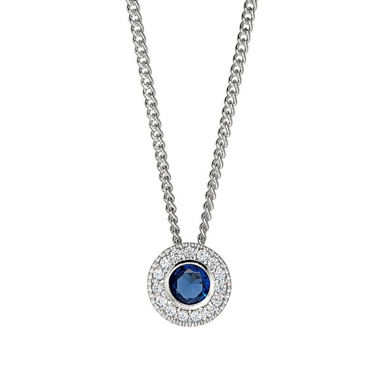 Platinum Finish Sterling Silver Round Simulated Sapphire Birth Gem Pendant  on 18" Curb Chain