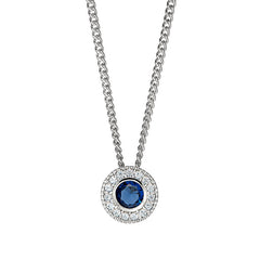 Platinum Finish Sterling Silver Round Simulated Sapphire Birth Gem Pendant  on 18" Curb Chain
