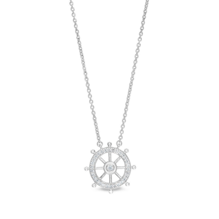 Platinum finish sterling silver micropave ship's wheel necklace with simulated diamonds on 16 - 18 adjustable chain