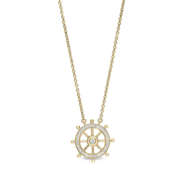 Gold finish sterling silver micropave ship's wheel necklace with simulated diamonds on 16 - 18 adjustable chain