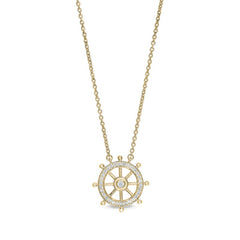 Gold finish sterling silver micropave ship's wheel necklace with simulated diamonds on 16 - 18 adjustable chain
