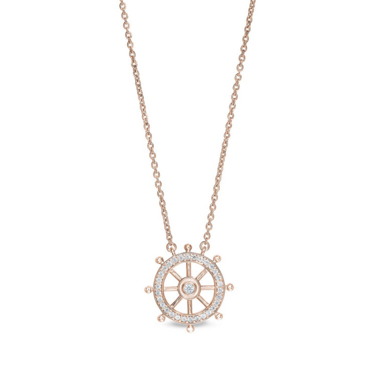 Rose gold finish sterling silver micropave ship's wheel necklace with simulated diamonds on 16 - 18 adjustable chain