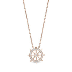Rose gold finish sterling silver micropave ship's wheel necklace with simulated diamonds on 16 - 18 adjustable chain