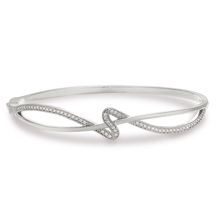Platinum Finish Sterling Silver Micropave Ribbon Swirll Bangle Bracelet with Simulated Diamonds