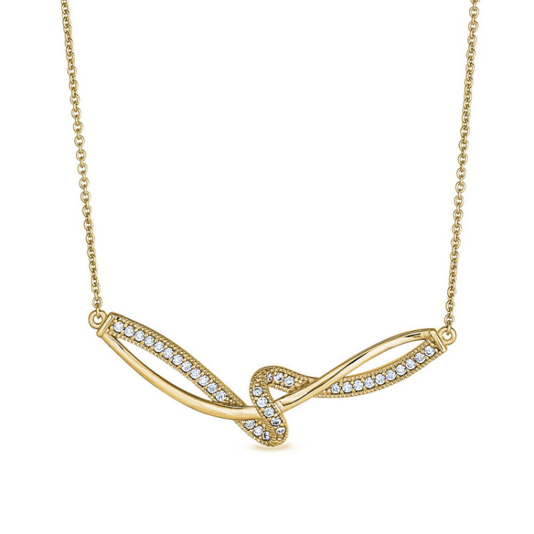 Gold Finish Sterling Silver Micropave Ribbon Swirll Necklace  on 16" - 18" Adjustable Chain