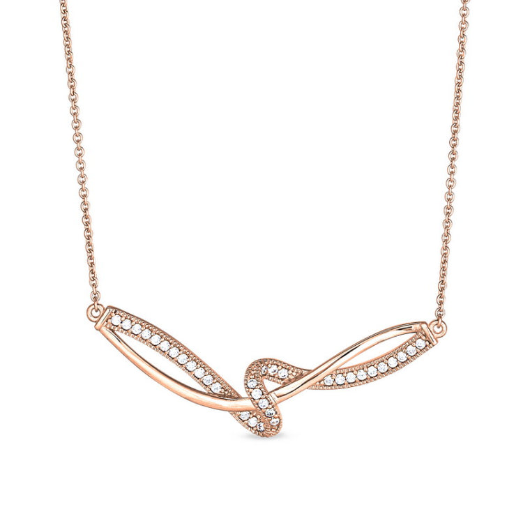 Rose Gold Finish Sterling Silver Micropave Ribbon Swirll Necklace  on 16" - 18" Adjustable Chain