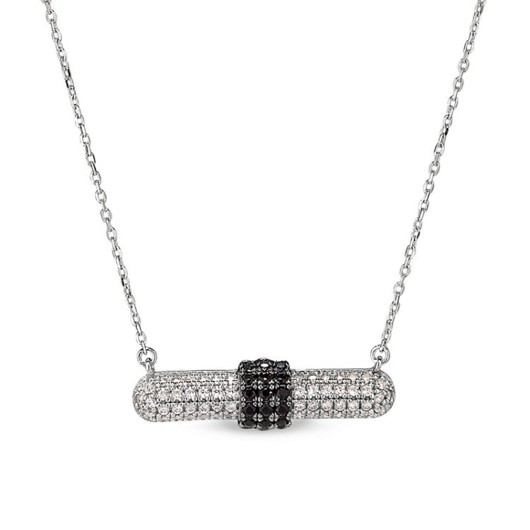 Sterling Silver Micropave Necklace  and 3 Vertical Rows of Black Simulated Diamonds in the Middle o