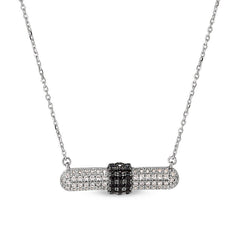 Sterling Silver Micropave Necklace  and 3 Vertical Rows of Black Simulated Diamonds in the Middle o