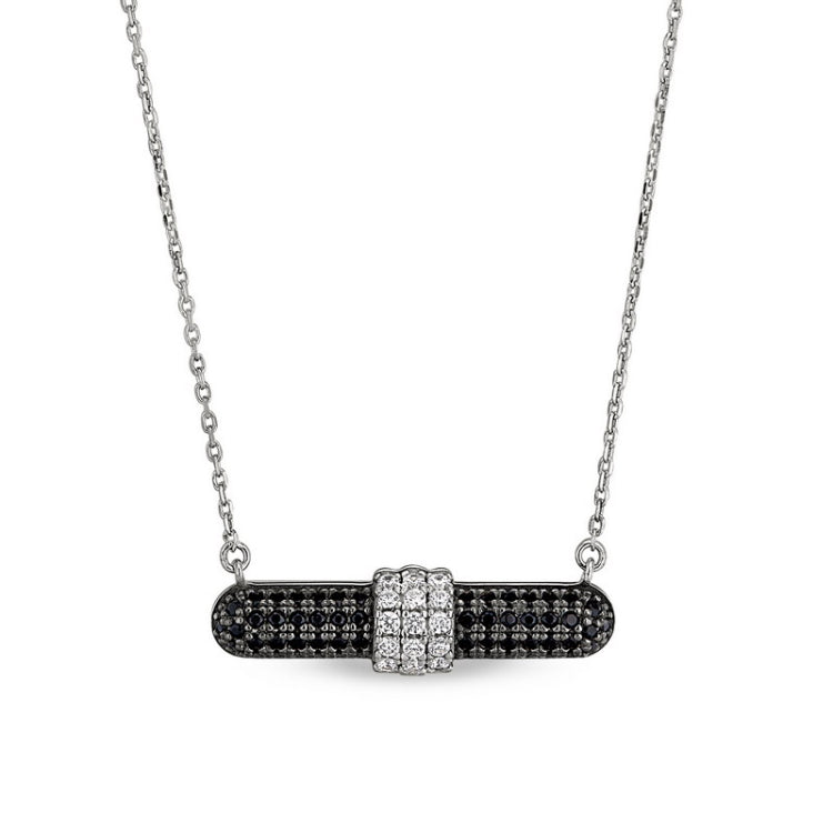 Black Rhodium and Platinum Finish Sterling Silver Micropave Necklace  Black Simulated Diamons and 3