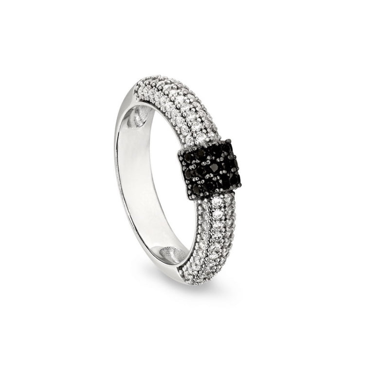 Sterling Silver Micropave Ring  Simulated Diamons and 3 Vertical Rows of Black Simulated Diamonds i
