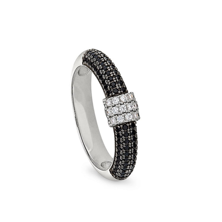 Black Rhodium and Sterling Silver Micropave Ring  Black Simulated Diamons and 3 Veritical Rows of S