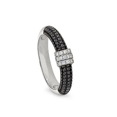 Black Rhodium and Sterling Silver Micropave Ring  Black Simulated Diamons and 3 Veritical Rows of S