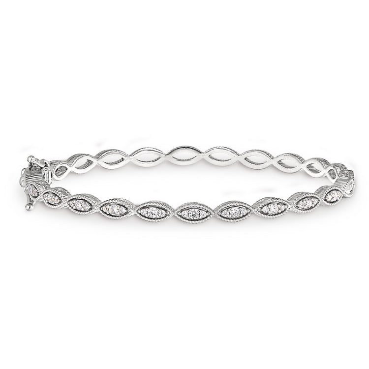 Platinum Finish Sterling Silver Micropave Three Stone Marquis Bangle Bracelet 