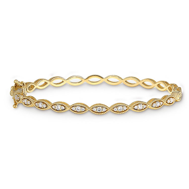 Gold Finish Sterling Silver Micropave Three Stone Marquis Bangle Bracelet with Simulated Diamonds
