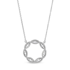 Platinum finish sterling micropave three stone marquis open circle necklace with simulated diamonds on 16 to 18 adjustable 