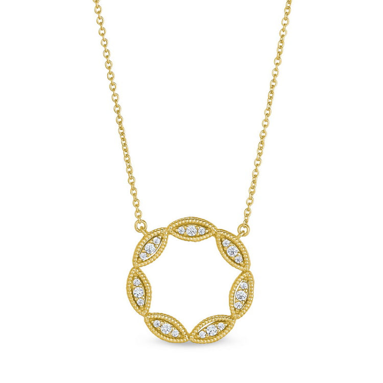 Gold finish sterling silver micropave marquis open circle necklace with simulated diamonds on 16 to 18 adjustable chain