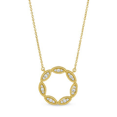 Gold finish sterling silver micropave marquis open circle necklace with simulated diamonds on 16 to 18 adjustable chain