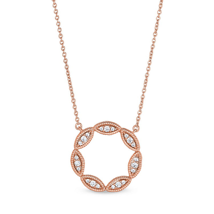 Rose gold finish sterling silver micropave three stone marquis open circle necklace with simulated diamonds on chain