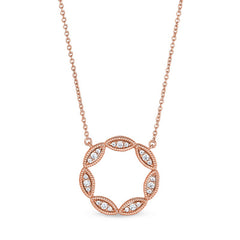 Rose gold finish sterling silver micropave three stone marquis open circle necklace with simulated diamonds on chain