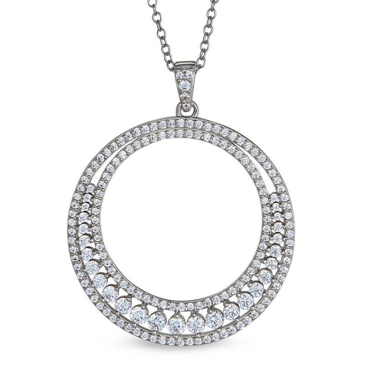 Platinum finish sterling silver micropave two row large open circle pendant with simulated diamonds on 20 chain