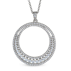 Platinum finish sterling silver micropave two row large open circle pendant with simulated diamonds on 20 chain