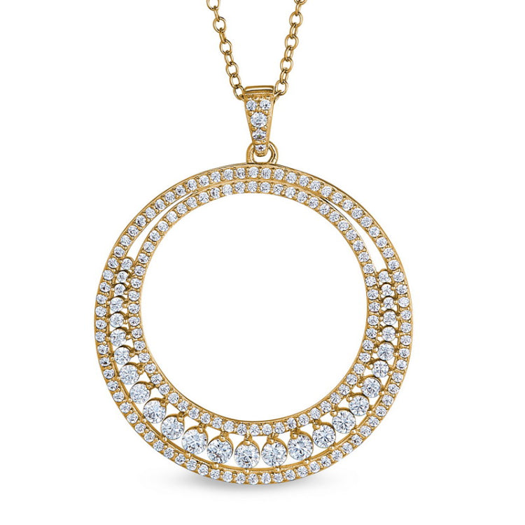 Gold finish sterling silver micropave two row large open circle pendant with simulated diamonds on 20 chain