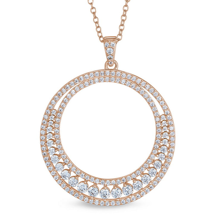 Rose gold finish sterling silver micropave two row large open circle pendant with simulated diamonds on 20 chain