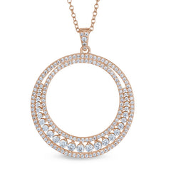 Rose gold finish sterling silver micropave two row large open circle pendant with simulated diamonds on 20 chain