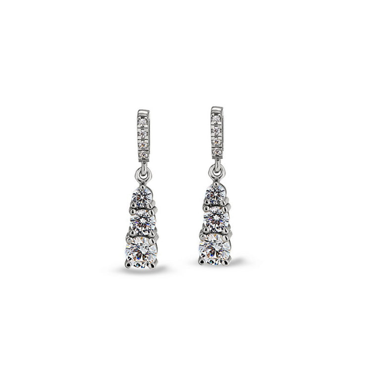 Platinum finish sterling silver micropave 3 stone drop earrings with simulated diamonds